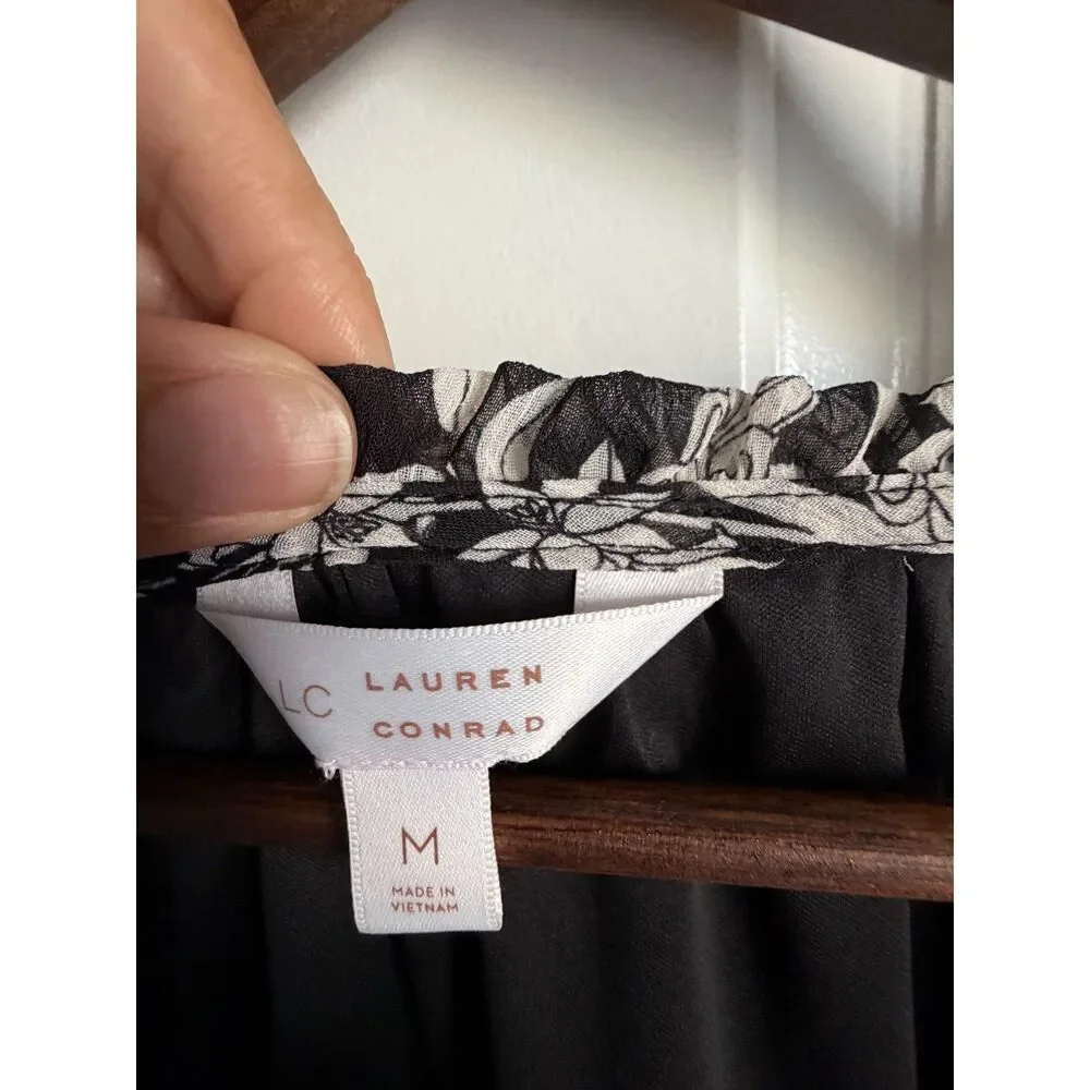 LC Lauren Conrad Black White Bird Print Sheer Peasant Blouse Size M - Picture 7 of 10